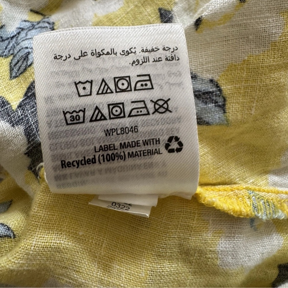 Charter Club Luxury 100% Linen Top Large Yellow Floral V-Neck Short Sleeve Tie - Picture 6 of 6